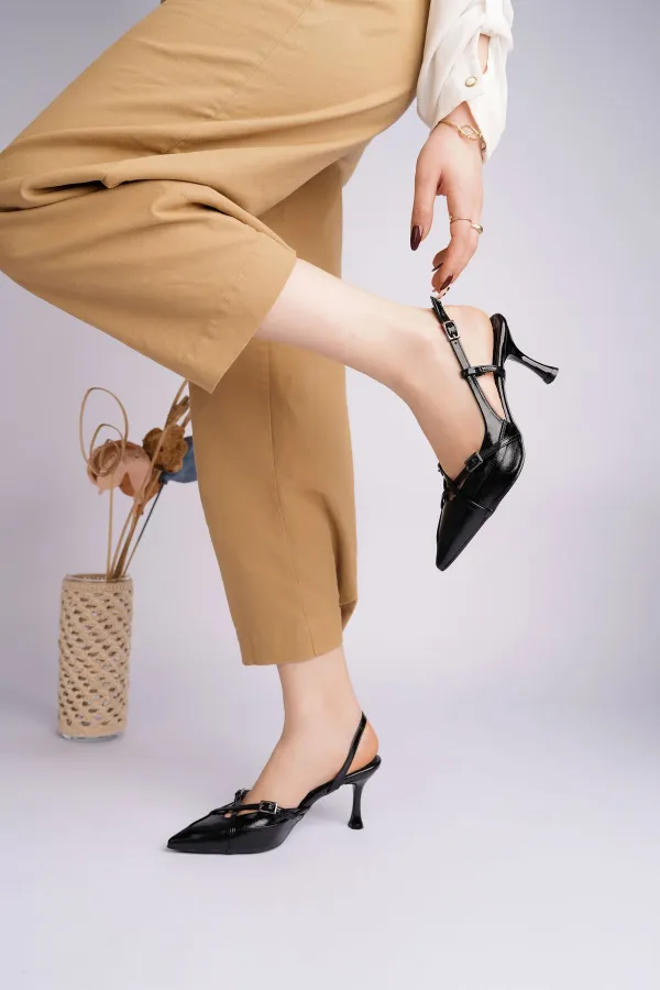 Muggo ICONS Pointed Toe Open Back Belt Detail Two Strap Women's High Heel Shoes