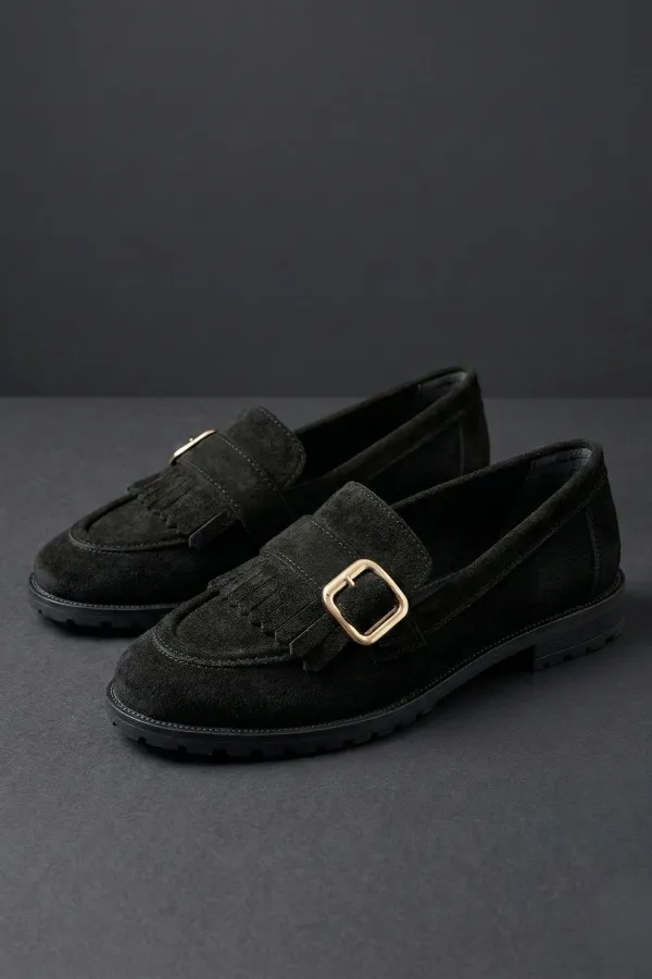 Muggo TUFT Gold Buckle Tassel Suede Women's Casual Loafer Shoes