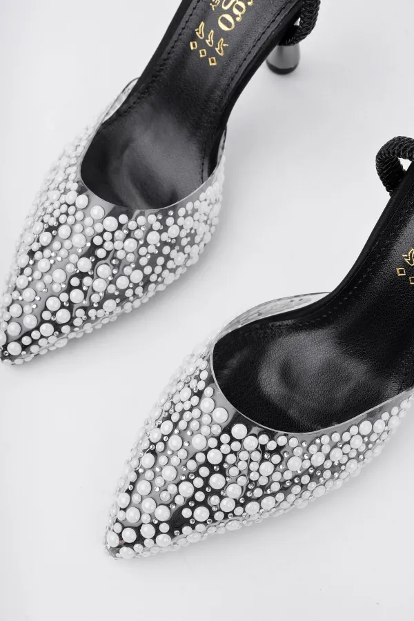 Muggo MARGARET Rhinestone Embellished Pointed Toe Open Back Elastic Women's Classic High Heel Shoes