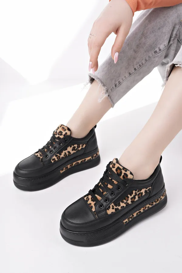 Muggo ZARİNA Kadın Kalın Taban Leopar Desenli Bağcıklı Günlük Sneaker Spor Ayakkabı