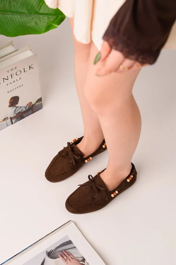 Muggo Multi-Colored Beaded Detail Women's Casual Lace-up Loafer Shoes Muggo Multi-Colored Beaded Detail Women's Casual Lace-up Loafer Shoes