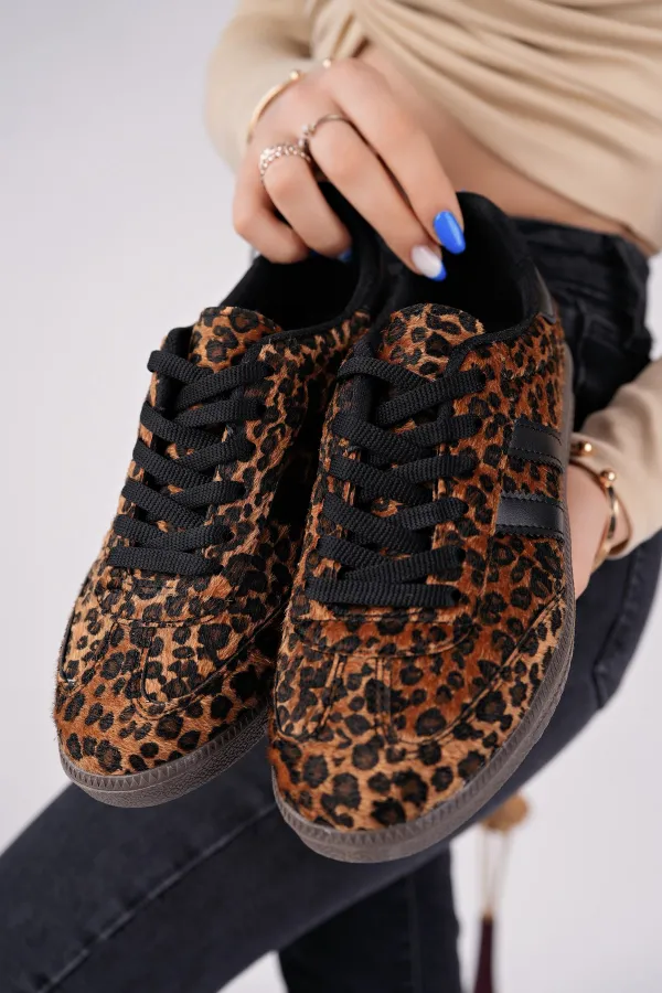 Muggo LEOPARD Garantili Kadın Ortopedik Günlük Bağcıklı Yürüyüş Leopar Desenli Sneaker Spor Ayakkabı