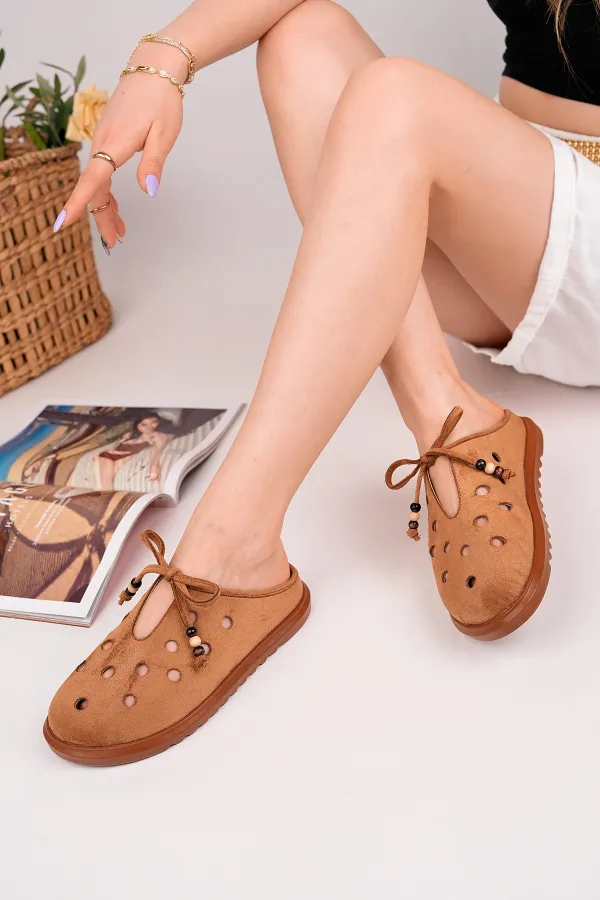 Muggo SHAMMY Suede Leather Perforated Lace-up Casual Closed Toe Women's Slippers Muggo SHAMMY Suede Leather Perforated Lace-up Casual Closed Toe Women's Slippers