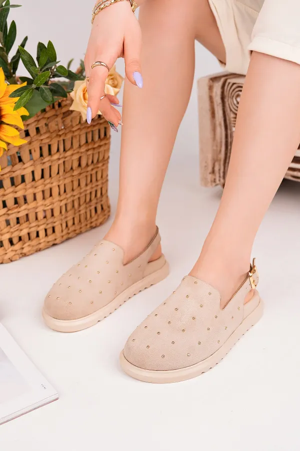 Muggo LİLOW Süet Deri Gold Zımbalı Ayarlanabilir Tokalı Günlük Rahat Önü Kapalı Kadın Sandalet