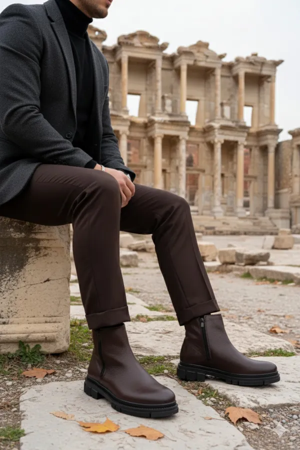 Muggo Chelsea Genuine Leather Double Zip Guaranteed Men's Winter Boots