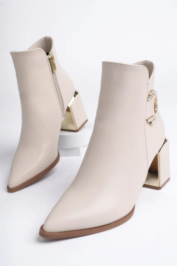 Muggo QADRA Guaranteed Pointed Toe Chunky Heel Women's Boot with Buckle Detail and Zipper