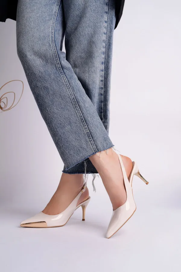 Muggo ZENITH Metal Toe Detail Pointed Toe Open Back Women's High Heel Shoes