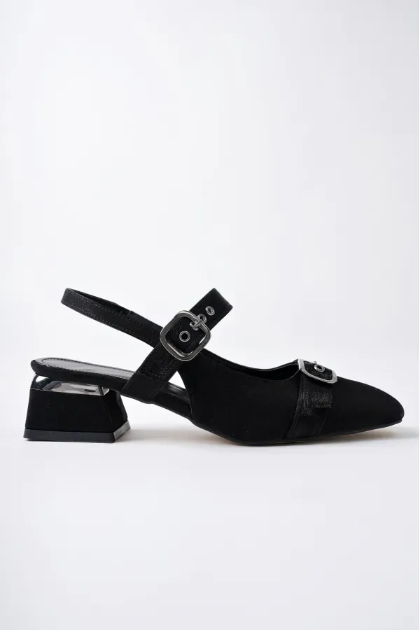 Muggo GİGİ Arkası Açık Küt Burun Çift Kemerli Kadın Günlük Klasik Kısa Topuklu Ayakkabı