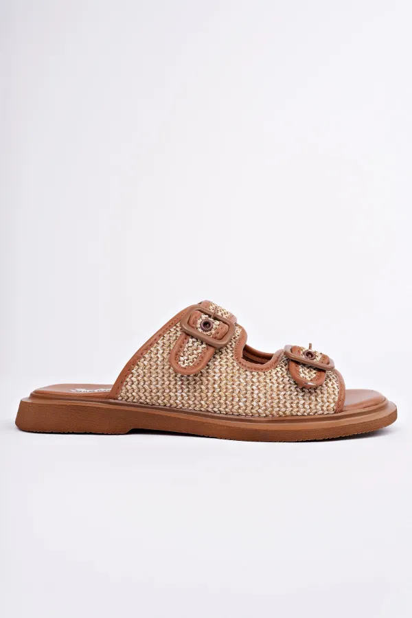 Muggo SARLE Çift Bantlı Ayarlanabilir Kemerli Kadın Günlük Hasır Terlik