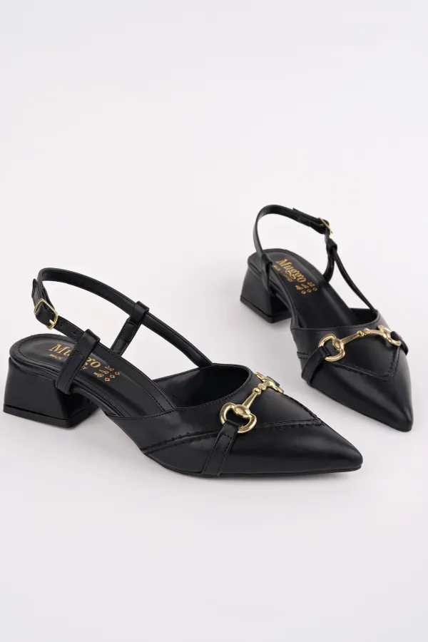 Muggo ELVIA Pointed Toe Open Back Women's Low Heel Shoes with Metal Accessories