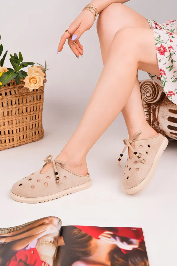 Muggo SHAMMY Suede Leather Perforated Lace-up Casual Closed Toe Women's Slippers Muggo SHAMMY Suede Leather Perforated Lace-up Casual Closed Toe Women's Slippers