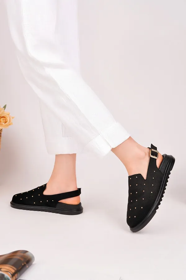 Muggo LİLOW Süet Deri Gold Zımbalı Ayarlanabilir Tokalı Günlük Rahat Önü Kapalı Kadın Sandalet