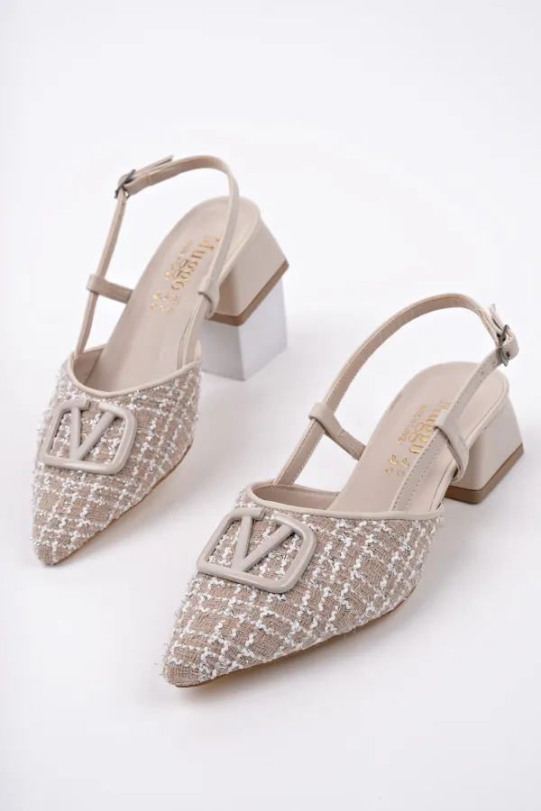 Muggo JUMANİ Sivri Burun Tokalı Arkası Açık Klasik Kısa Topuklu Kadın Ayakkabı