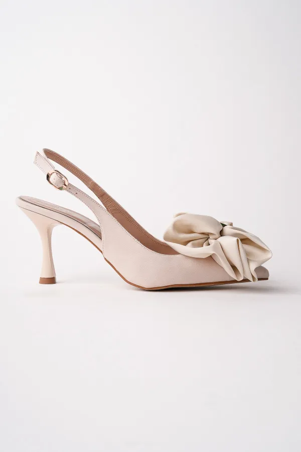 Muggo SISSY Satin Bow Buckle Pointed Toe Open Back Women's High Heels