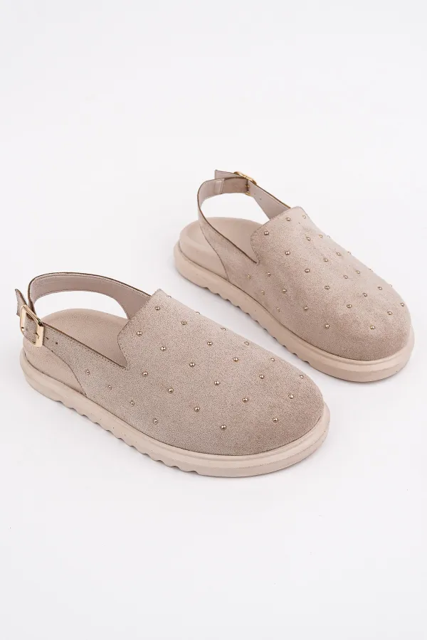 Muggo LİLOW Süet Deri Gold Zımbalı Ayarlanabilir Tokalı Günlük Rahat Önü Kapalı Kadın Sandalet