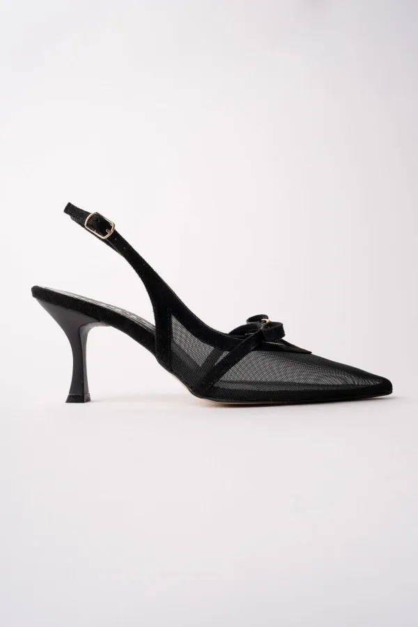 Muggo LOVER Women's Pointed Toe Open Back High Heel Shoes with Mesh Bow Detail