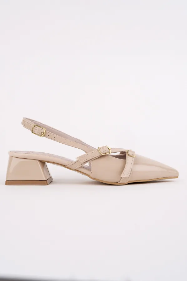 Muggo LUMINA Pointed Toe Open Back Belt Detail Two Strap Women's Low Heel Shoes