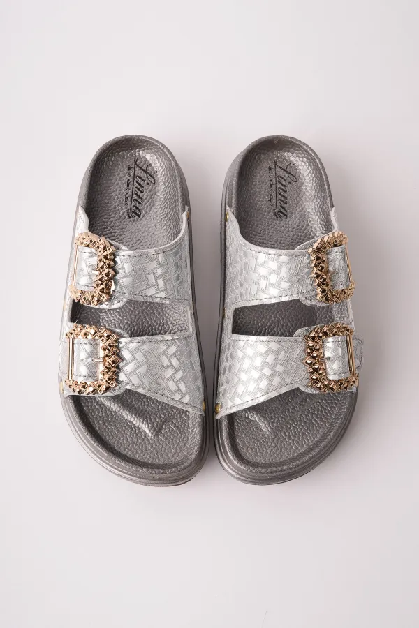 Muggo GLITZA Shiny Textured Double Buckle Casual Women's Slippers Muggo GLITZA Shiny Textured Double Buckle Casual Women's Slippers