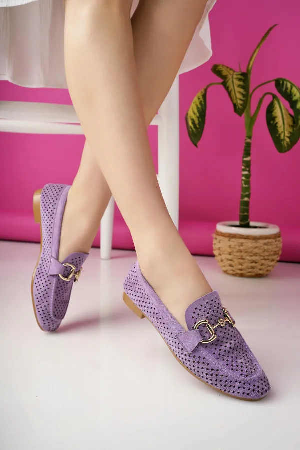 Muggo PHUKET Guaranteed Metal Buckle Laser-Cut Breathable Leather Women's Loafer Casual Shoes Muggo PHUKET Guaranteed Metal Buckle Laser-Cut Breathable Leather Women's Loafer Casual Shoes