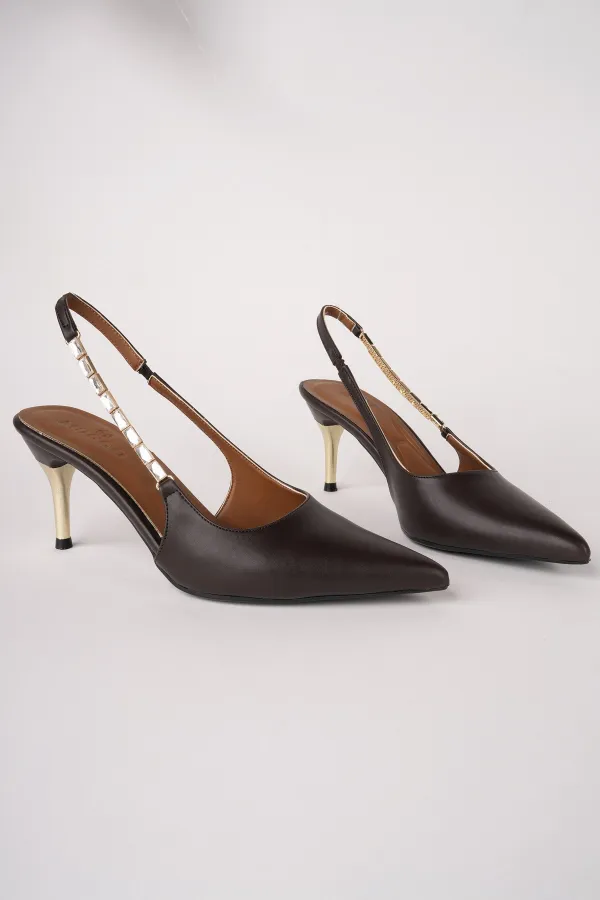 Muggo VİVARA Zincir Detaylı Sivri Burun Arkası Açık Kadın Topuklu Ayakkabı