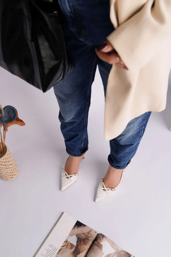 Muggo ICONS Pointed Toe Open Back Belt Detail Two Strap Women's High Heel Shoes