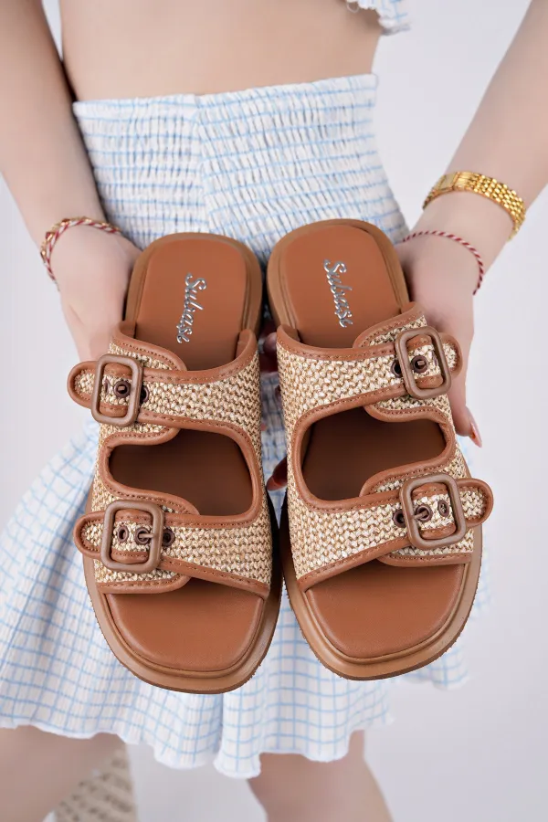 Muggo SARLE Çift Bantlı Ayarlanabilir Kemerli Kadın Günlük Hasır Terlik