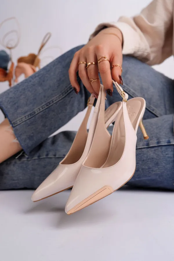 Muggo ZENITH Metal Toe Detail Pointed Toe Open Back Women's High Heel Shoes