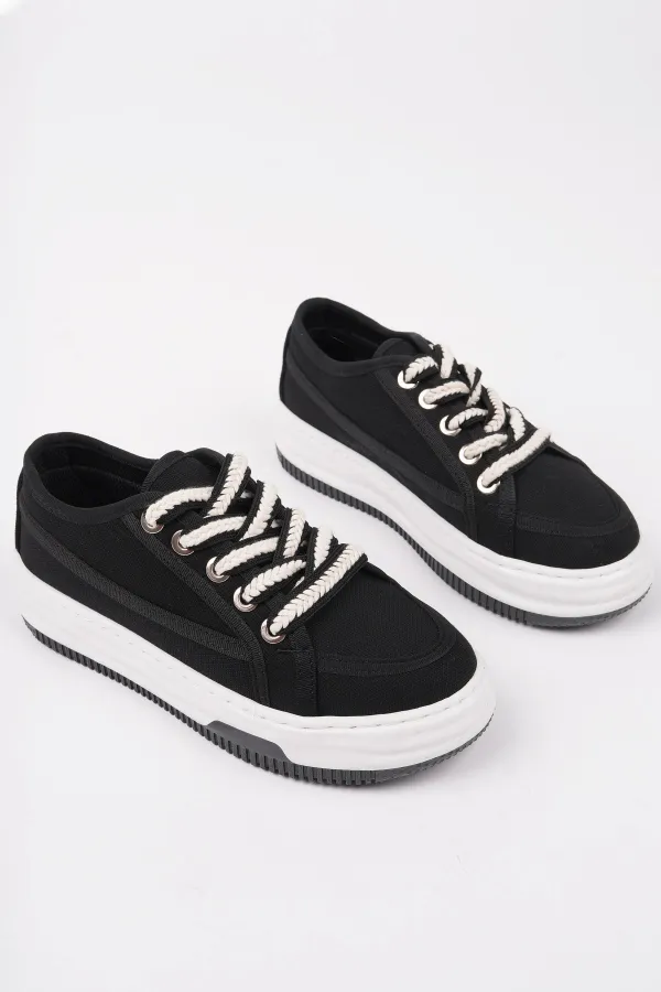 Muggo CARİNA Kalın Taban Keten Kumaş Bağcıklı Kadın Günlük Sneaker Spor Ayakkabı