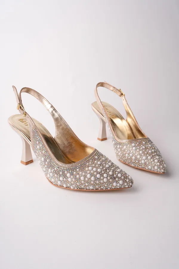 Chaussures habillées Muggo ELEGANT à talons hauts et talon ouvert, ornées de pierres et de perles