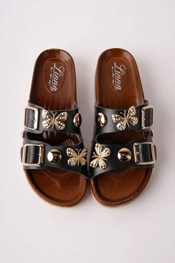 Muggo NYSSA Women's Casual Slippers with Butterfly Accessory and Double Buckle Muggo NYSSA Women's Casual Slippers with Butterfly Accessory and Double Buckle