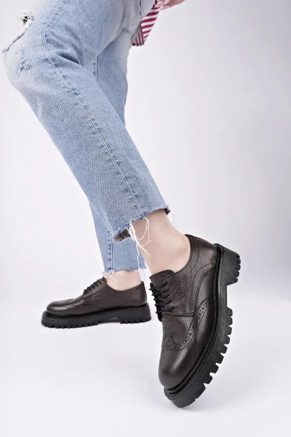 Muggo AMOUR  Bağcıklı Hakiki Deri Kalın Taban Günlük Casual Makosen Kadın Loafer Ayakkabı