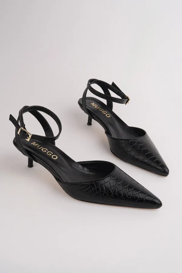 Chaussures Muggo KICK pour femmes, à bout pointu, talon fin et bride cheville, motif crocodile