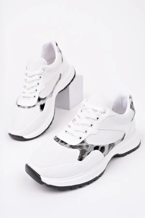 Muggo MELODY Kadın Kalın Taban Günlük Leopar Desenli Bağcıklı Sneaker Spor Ayakkabı