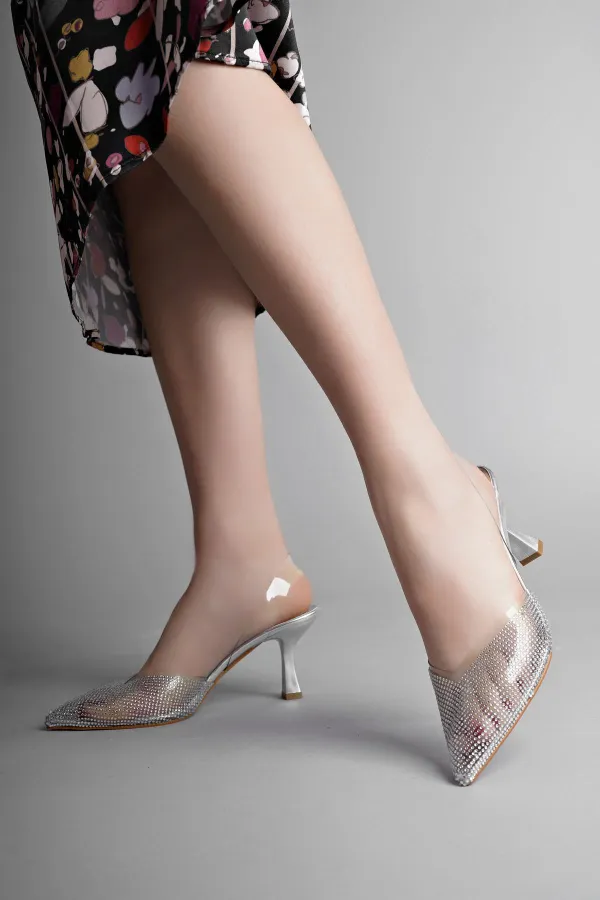 Muggo JULİET Garantili Kadın Sivri Burun Parlak Taşlı Arkası Açık Şeffaf Bantlı Topuklu Ayakkabı