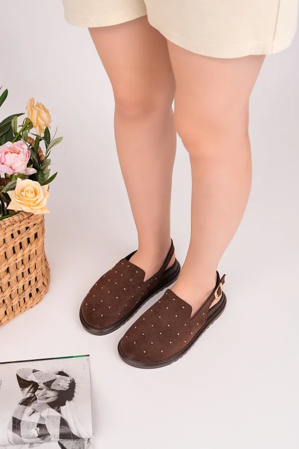 Muggo LİLOW Süet Deri Gold Zımbalı Ayarlanabilir Tokalı Günlük Rahat Önü Kapalı Kadın Sandalet