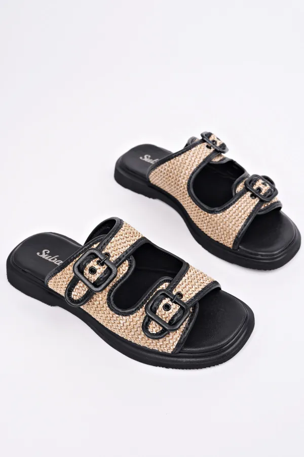 Muggo SARLE Çift Bantlı Ayarlanabilir Kemerli Kadın Günlük Hasır Terlik