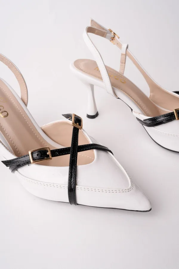 Muggo ICONS Pointed Toe Open Back Belt Detail Two Strap Women's High Heel Shoes