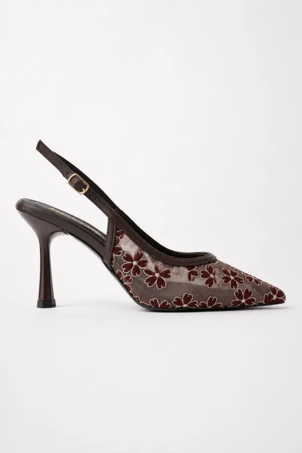 Muggo ARIS Lace Detail Pointed Toe Open Back Thin Heel Women's Dress Shoes
