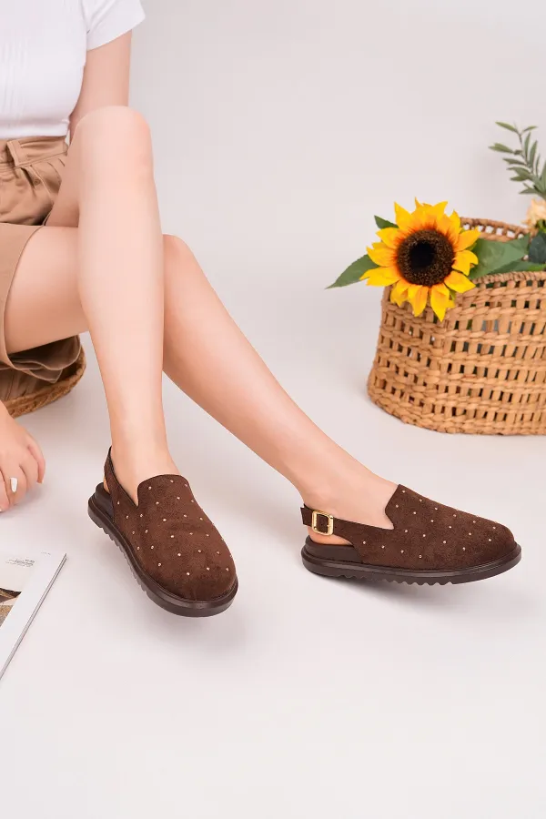 Muggo LİLOW Süet Deri Gold Zımbalı Ayarlanabilir Tokalı Günlük Rahat Önü Kapalı Kadın Sandalet