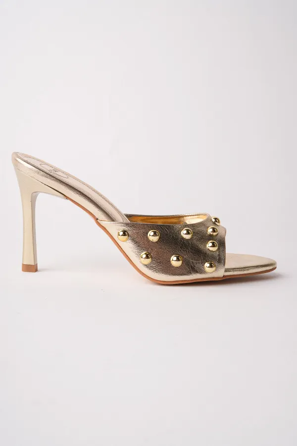 Muggo HELENA Women's Studded Pointed Toe Metal Detailed Stiletto Heeled Slippers