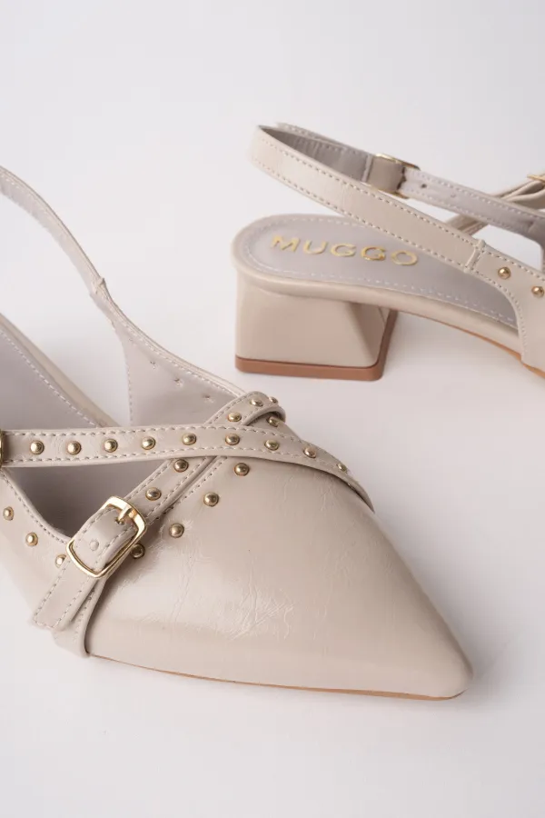 Chaussures à talons bas pour femmes Muggo JOLY, bout pointu et talon ouvert, avec accessoires métalliques