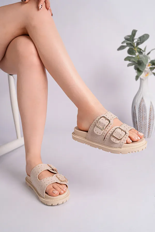 Muggo ESTİVA Ayarlanabilir Çift Tokalı Zımbalı Günlük Kadın Terlik