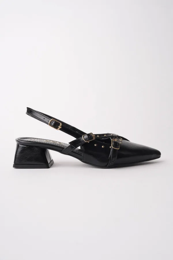 Chaussures à talons bas pour femmes Muggo JOLY, bout pointu et talon ouvert, avec accessoires métalliques