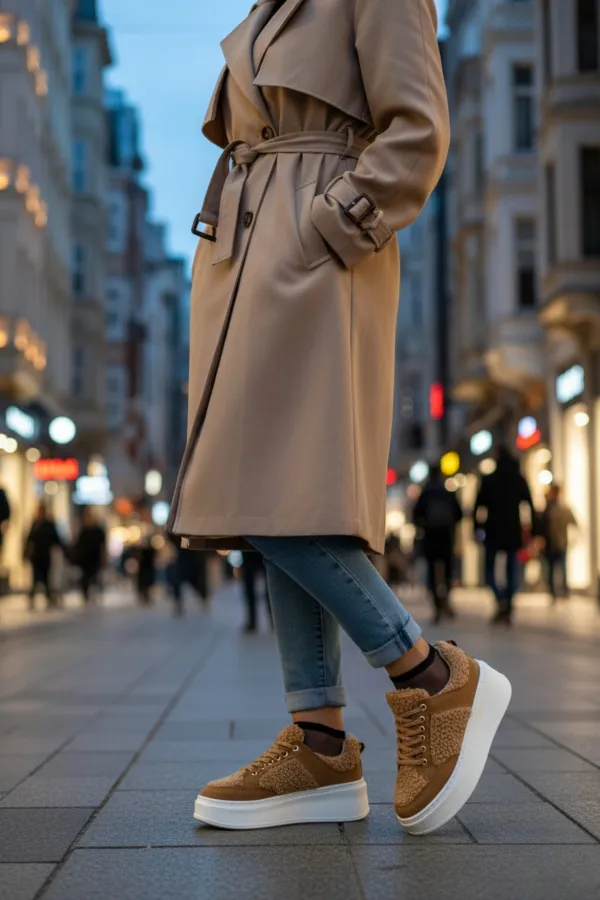 Chaussures de sport d'hiver pour femmes Muggo FLEECY à semelle épaisse et lacets, ornées de détails en peluche