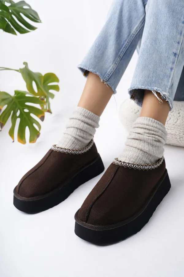 Muggo LİNG Garantili Kalın Taban Içi Tüylü Yuvarlak Burunlu Kadın Terlik