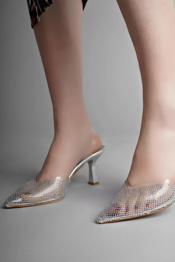 Muggo JULİET Garantili Kadın Sivri Burun Parlak Taşlı Arkası Açık Şeffaf Bantlı Topuklu Ayakkabı