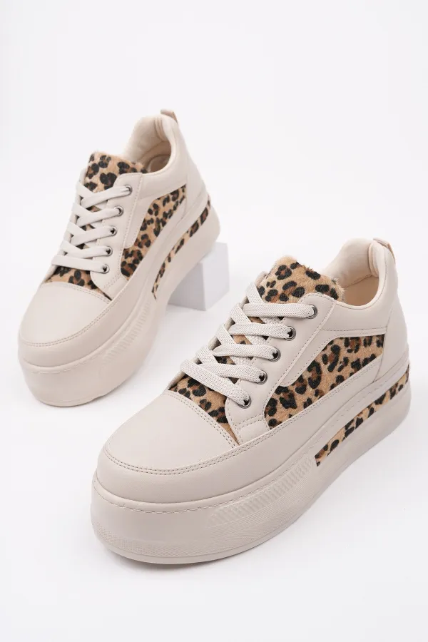 Muggo ZARİNA Kadın Kalın Taban Leopar Desenli Bağcıklı Günlük Sneaker Spor Ayakkabı
