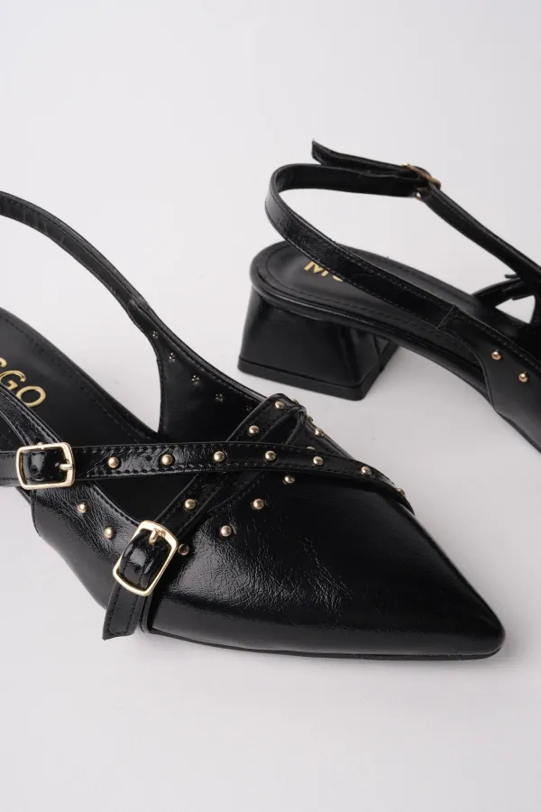 Chaussures à talons bas pour femmes Muggo JOLY, bout pointu et talon ouvert, avec accessoires métalliques
