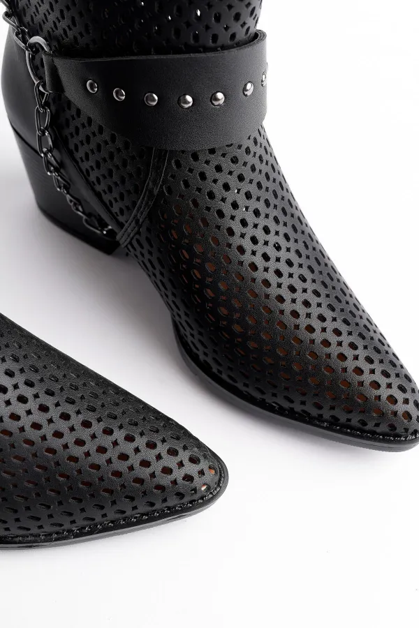 Bottes de cowboy d'été à talons pour femmes Muggo BURNING Guaranteed, ornées de chaînes découpées au laser et perforées.