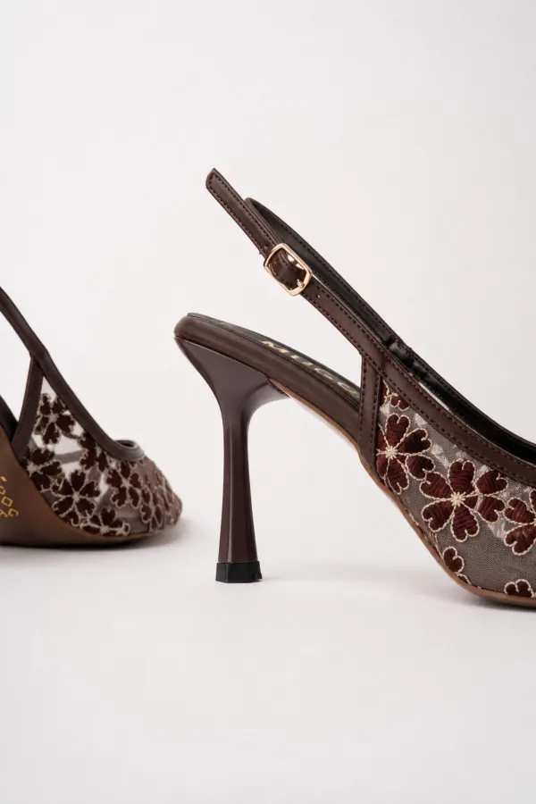 Muggo ARIS Lace Detail Pointed Toe Open Back Thin Heel Women's Dress Shoes